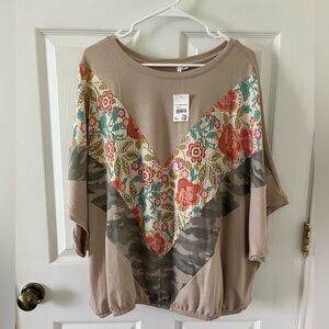 Cato Chevron Mixed-Print Tunic Top - Beige